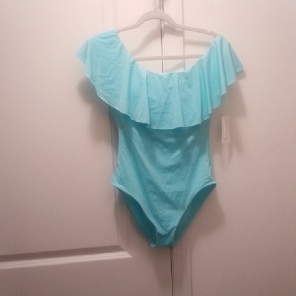 Trina Turk Aqua Off-Shoulder Ruffle One-Piece Swimsuit